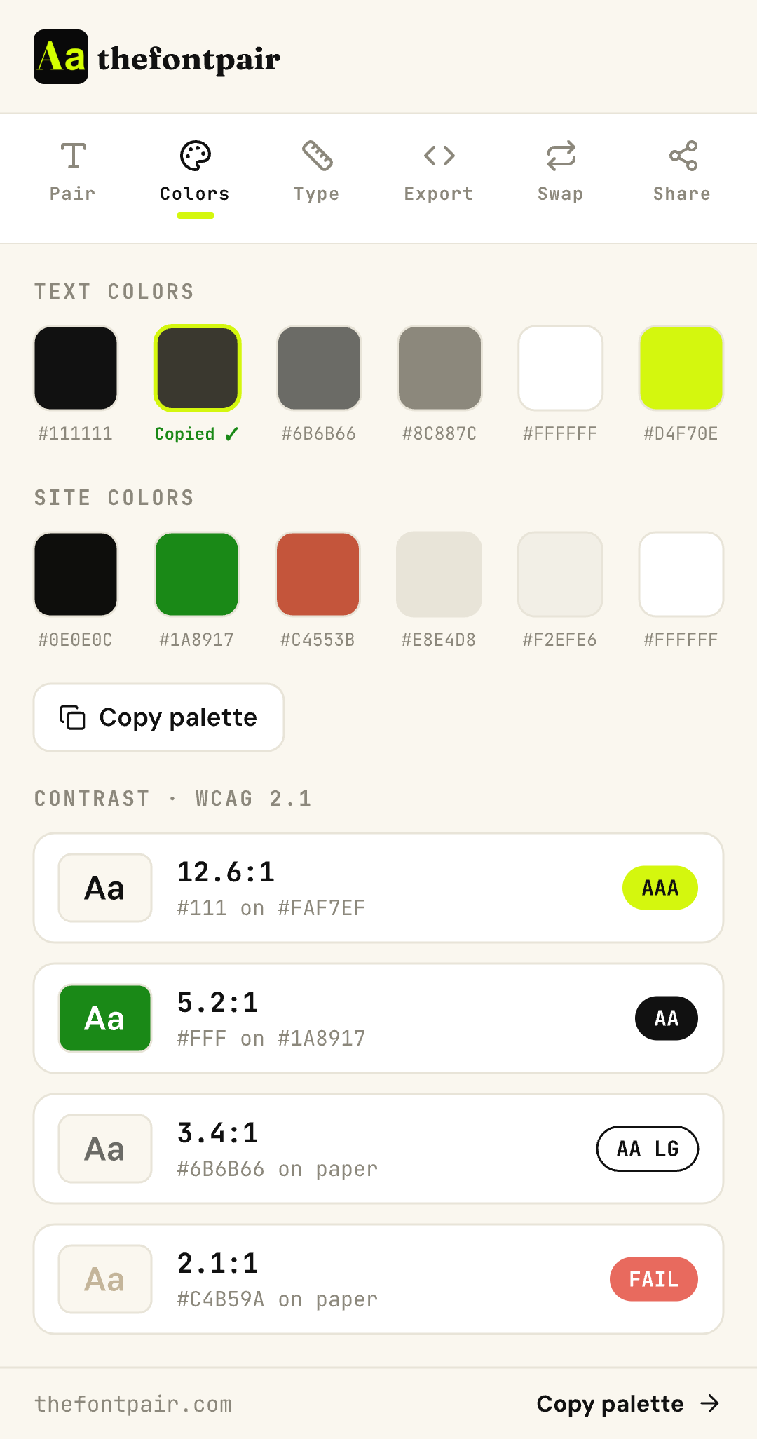 Palette + WCAG contrast — thefontpair extension screenshot