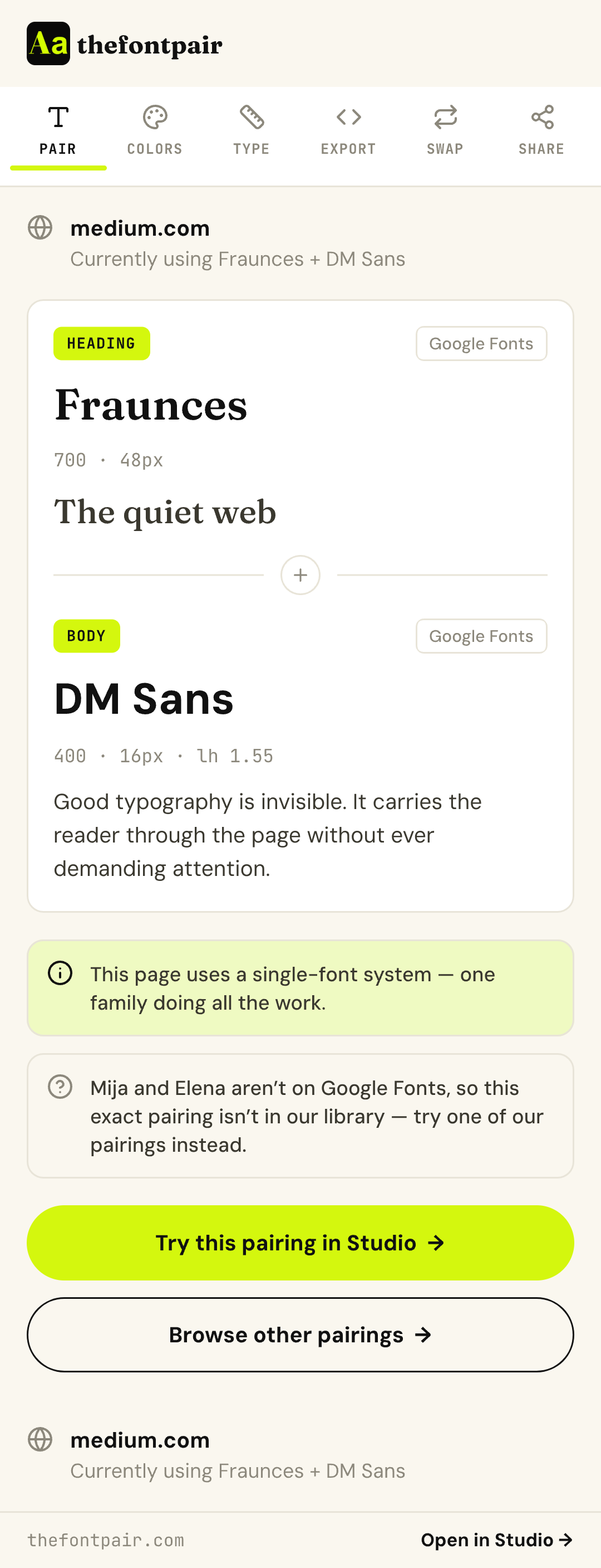 One pairing, not a font dump — thefontpair extension screenshot