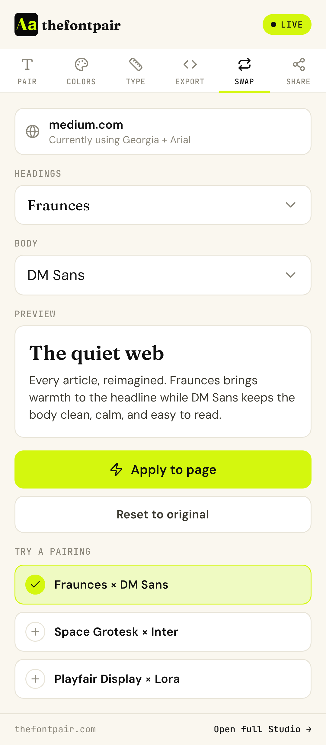 Live Pair Swap — thefontpair extension screenshot