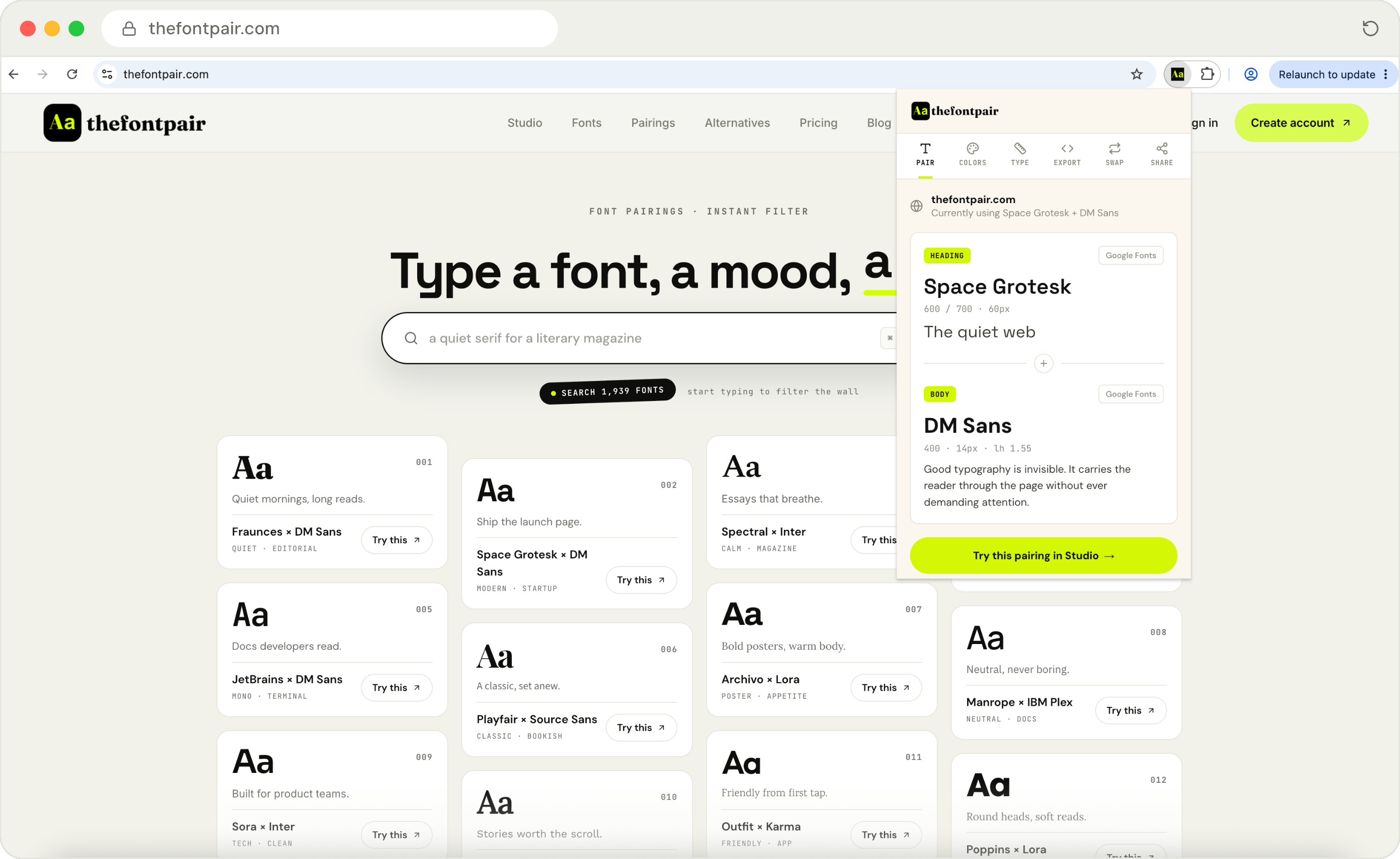 The thefontpair extension popup open over a live web page, showing its detected heading and body pairing